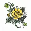 rose, yellow daisy, 4 leaf clover, black tulip flower tattoo design idea