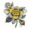 rose, yellow daisy, 4 leaf clover, black tulip flower tattoo design idea