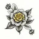 rose, yellow daisy, 4 leaf clover, black tulip flower tattoo design idea