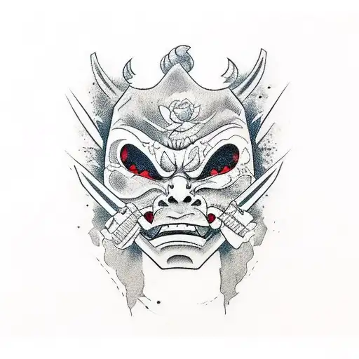 A womens face inside a broken oni mask and hand holding heart with knife and blood  tattoo design idea