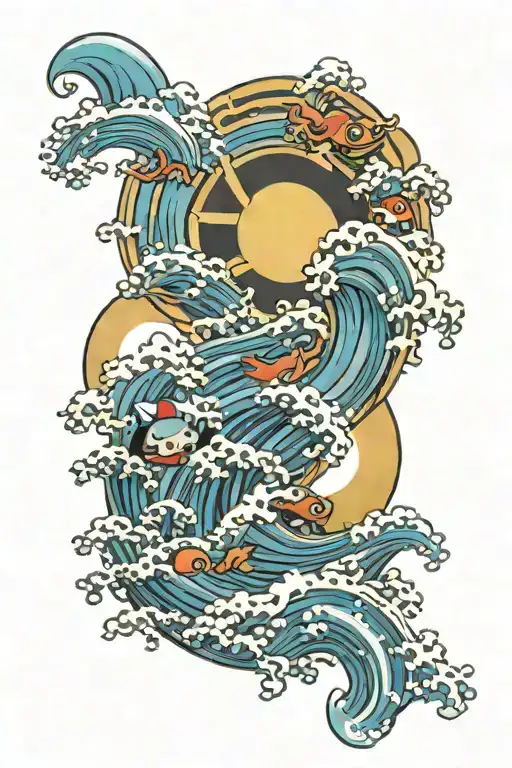 Wave with all three starter pokemon and a full sky view with sun tattoo design idea