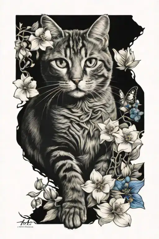 cat and flowers blooming tattoo design idea