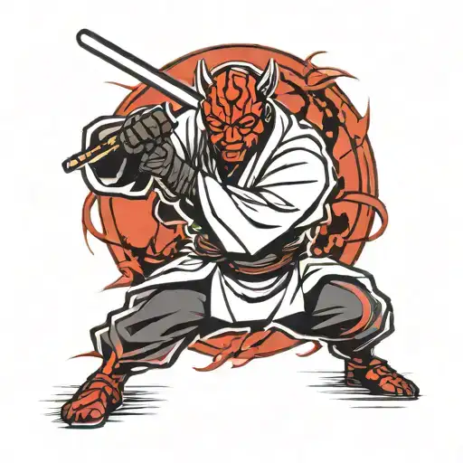 darth maul in jedi robes performing a karate kick while holding his lighsaber. an outline only with minimal shading  tattoo design idea