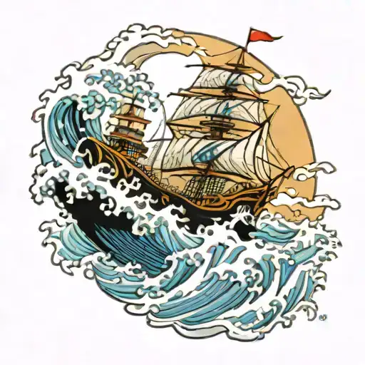 The ship Thousand sunny from one piece rides the great wave of kanagawa  tattoo design idea