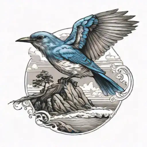 A mountain landscape with a bluebird perched on a tree branch overlooking a serene beach with waves crashing on the shore tattoo design idea