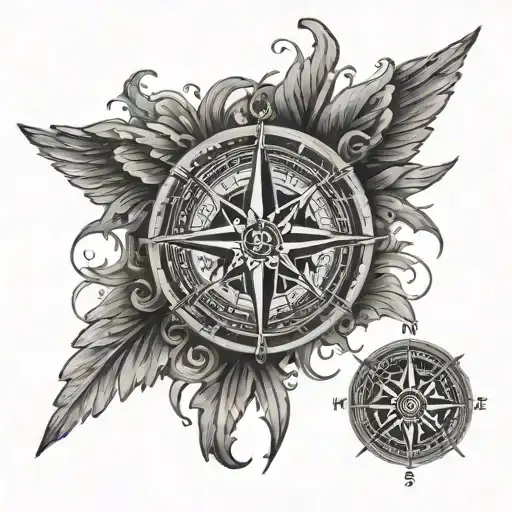 A black-grey tattoo of a compass rose with angel wings surrounding it, symbolizing guidance and protection tattoo design idea