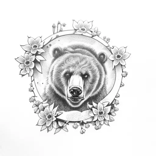 Forget-me-not Flowers and Kodiak bear tattoo design idea