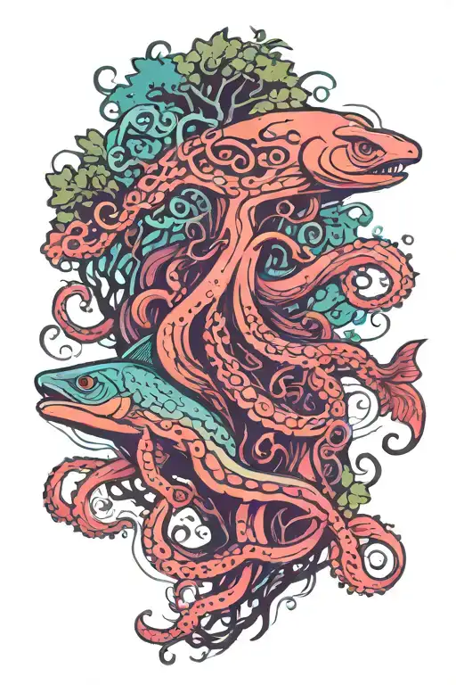 dog salmon path trees octopus  tattoo design idea
