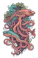 dog salmon path trees octopus  tattoo design idea
