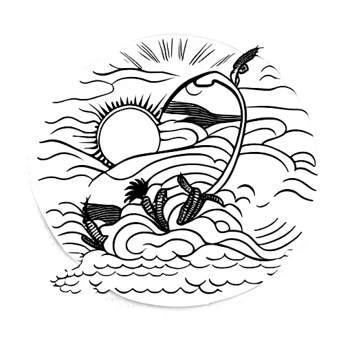 Ocean Wave, palm tree, lobster and sun tattoo design idea