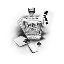 3 playing cards in the background a bottle of jack daniels in front and an ashtray tattoo design idea