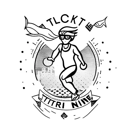 A minimalist tattoo of a runner crossing the finish line with the word 'triathlon' tattoo design idea