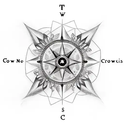Crow, chain, petals, compass tattoo design idea