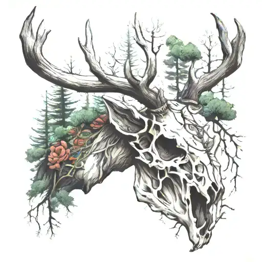 Stag skull with pines and trees around tattoo design idea