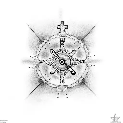 A dotwork tattoo of a Catholic cross with a subtle clock design incorporated tattoo design idea