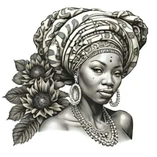 Nigerian woman in gele surrounded by Irish flowers, Indonesian flowers, and sunflowers  tattoo design idea