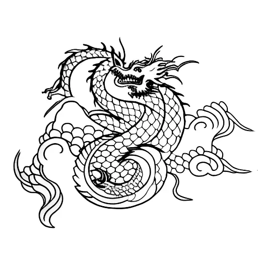 A minimalist tattoo of a dragon surrounded by traditional Japanese art elements tattoo design idea