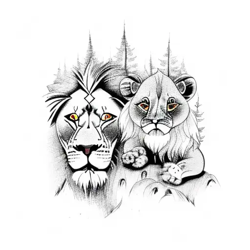 A lion and boy exploring a magical forest tattoo design idea