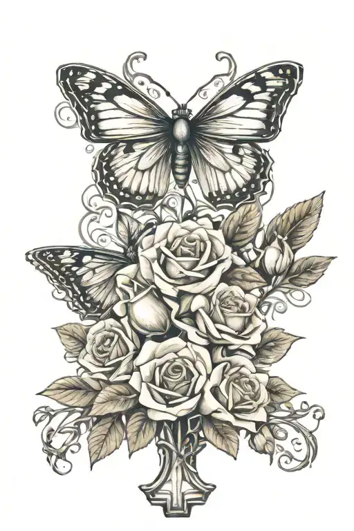 text scriptures, olive branch, cross, chain, roses, butterfly  tattoo design idea