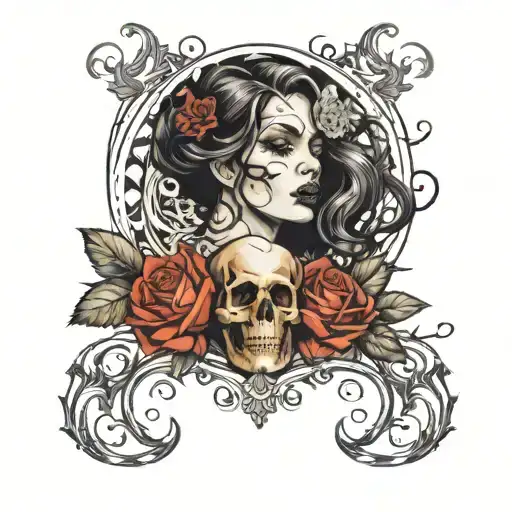 A sultry neo-traditional design featuring a beautiful woman's face intertwined with intricate skull motifs, symbolizing the duality of beauty and darkness in a relationship tattoo design idea