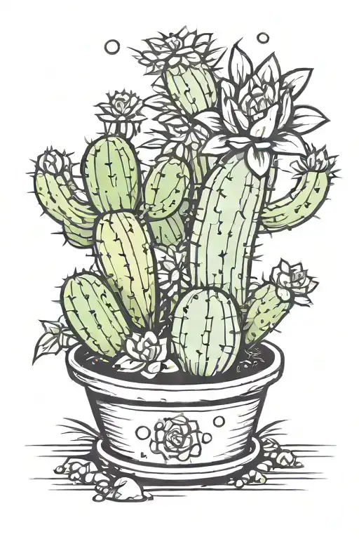 cactus and succulent dancing inside a plant pot tattoo design idea