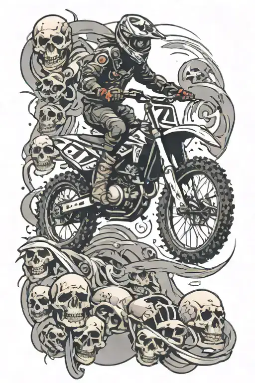 Create a grunge-inspired tattoo featuring a motorcross bike jumping over a pile of skulls tattoo design idea