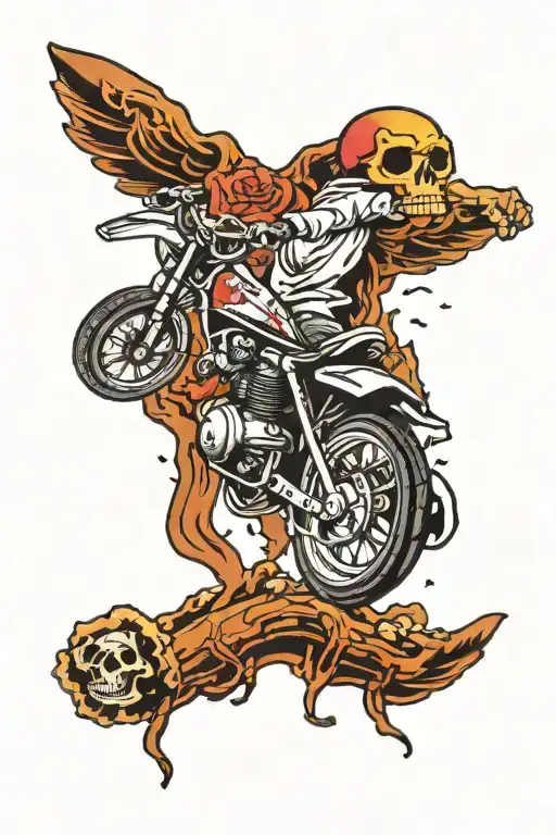 Create a grunge-inspired tattoo featuring a motorcross bike jumping over a pile of skulls tattoo design idea