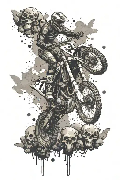 Create a grunge-inspired tattoo featuring a motorcross bike jumping over a pile of skulls tattoo design idea