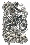 Create a grunge-inspired tattoo featuring a motorcross bike jumping over a pile of skulls tattoo design idea