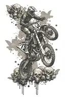 Create a grunge-inspired tattoo featuring a motorcross bike jumping over a pile of skulls tattoo design idea