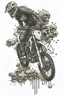Create a grunge-inspired tattoo featuring a motorcross bike jumping over a pile of skulls tattoo design idea