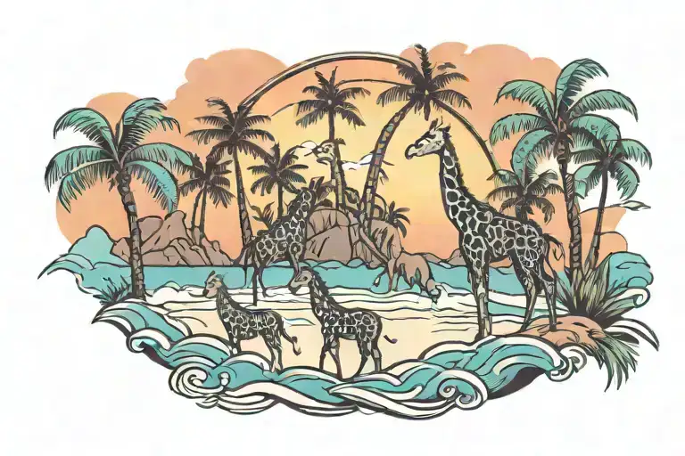 Girraffes, beach with palm trees colors sunset tattoo design idea