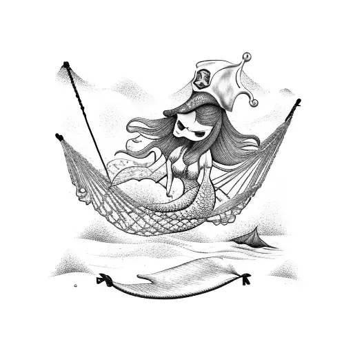 Mermaid with a pirate hat lounging on a beach hammock tattoo design idea