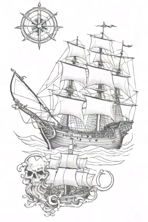 pirate ship with kraken attacking, featuring a compass, anchor, and skull tattoo design idea