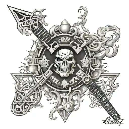 Create a chest piece tattoo featuring the logos of AC/DC, Queen, and Black Sabbath intertwined with guitar elements tattoo design idea