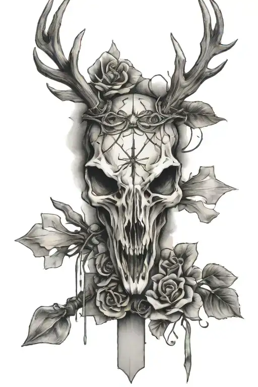 cross with bard wire and deer skull  tattoo design idea