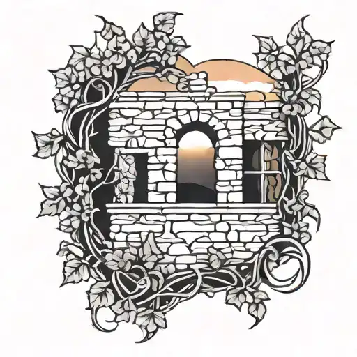 stone wall wrapped in vines sunset sky tattoo design idea