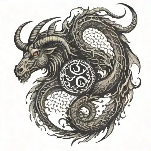 An intricate design featuring a dragon and a goat in a yin-yang formation, representing the balance between strength and agility tattoo design idea