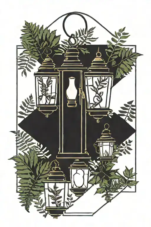 Ferns and skunk cabbage sticking out from behind a lantern tattoo design idea