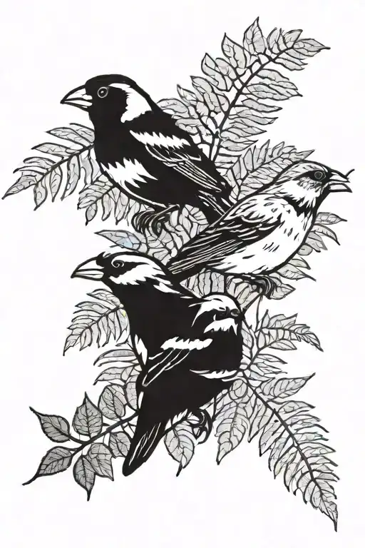 3 sparrows and two pennies with ferns in the background tattoo design idea