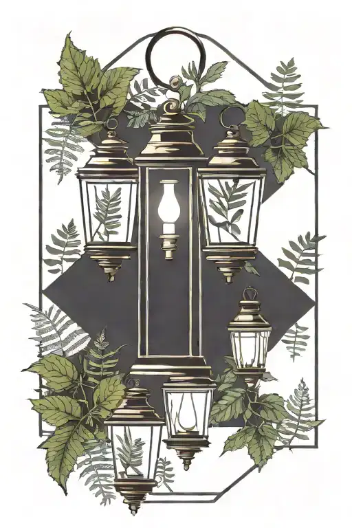 Ferns and skunk cabbage sticking out from behind a lantern tattoo design idea