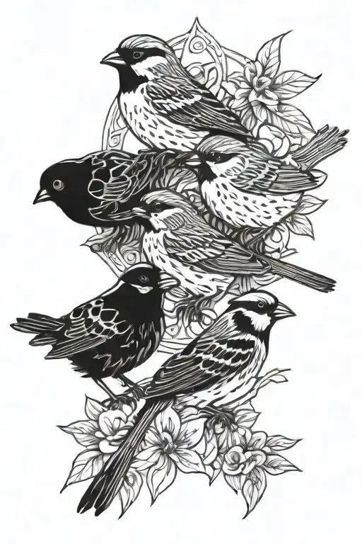 5 sparrows and two pennies tattoo design idea