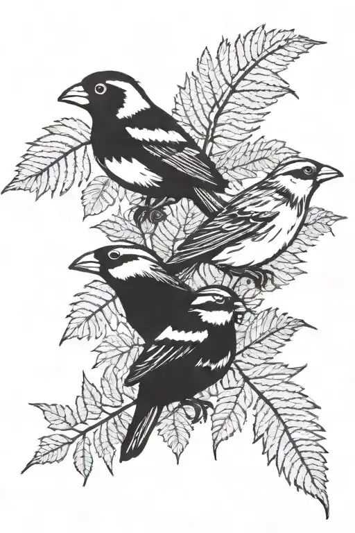 3 sparrows and two pennies with ferns in the background tattoo design idea