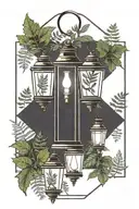 Ferns and skunk cabbage sticking out from behind a lantern tattoo design idea