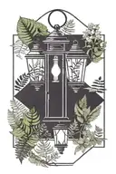 Ferns and skunk cabbage sticking out from behind a lantern tattoo design idea
