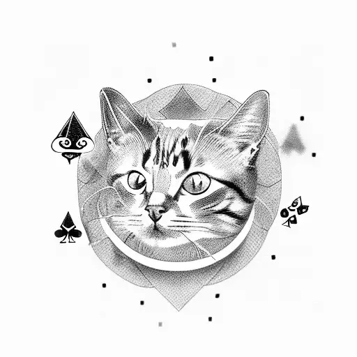 A cat with dice and playing cards surrounding it tattoo design idea