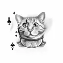 A cat with dice and playing cards surrounding it tattoo design idea