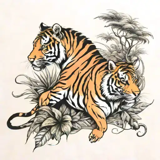 horse on a farm and a tiger in the jungle tattoo design idea