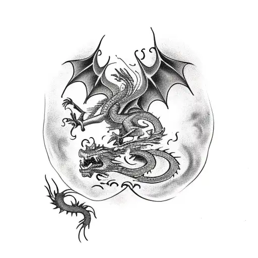 Dragon with Gothic fairy with the dragons tail wrapped around the fairy's leg tattoo design idea