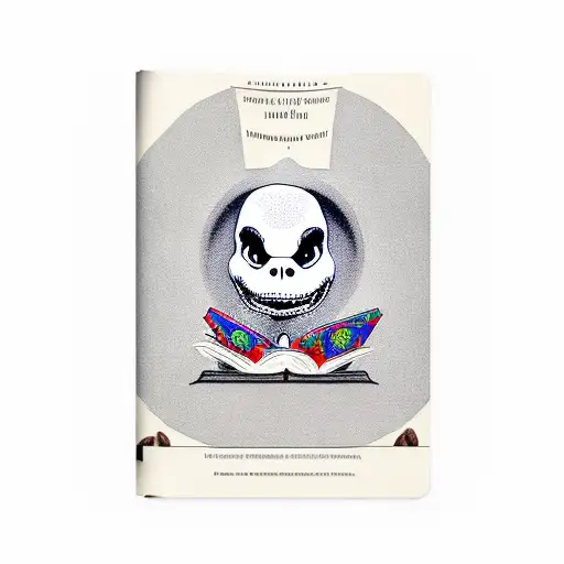 A realistic portrait of Jack Skellington from Nightmare before Christmas reading a cookbook, with a bulldog sitting beside him wearing an Irish hat tattoo design idea